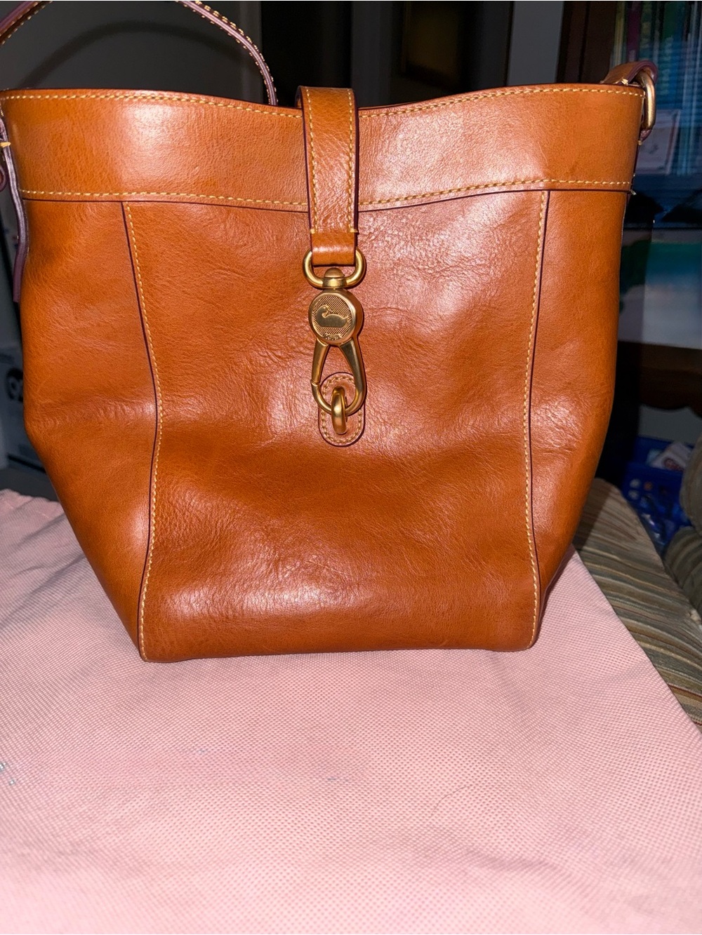 Dooney & Bourke Brown Leather Shoulder Bucket Bag with Gold Hardware